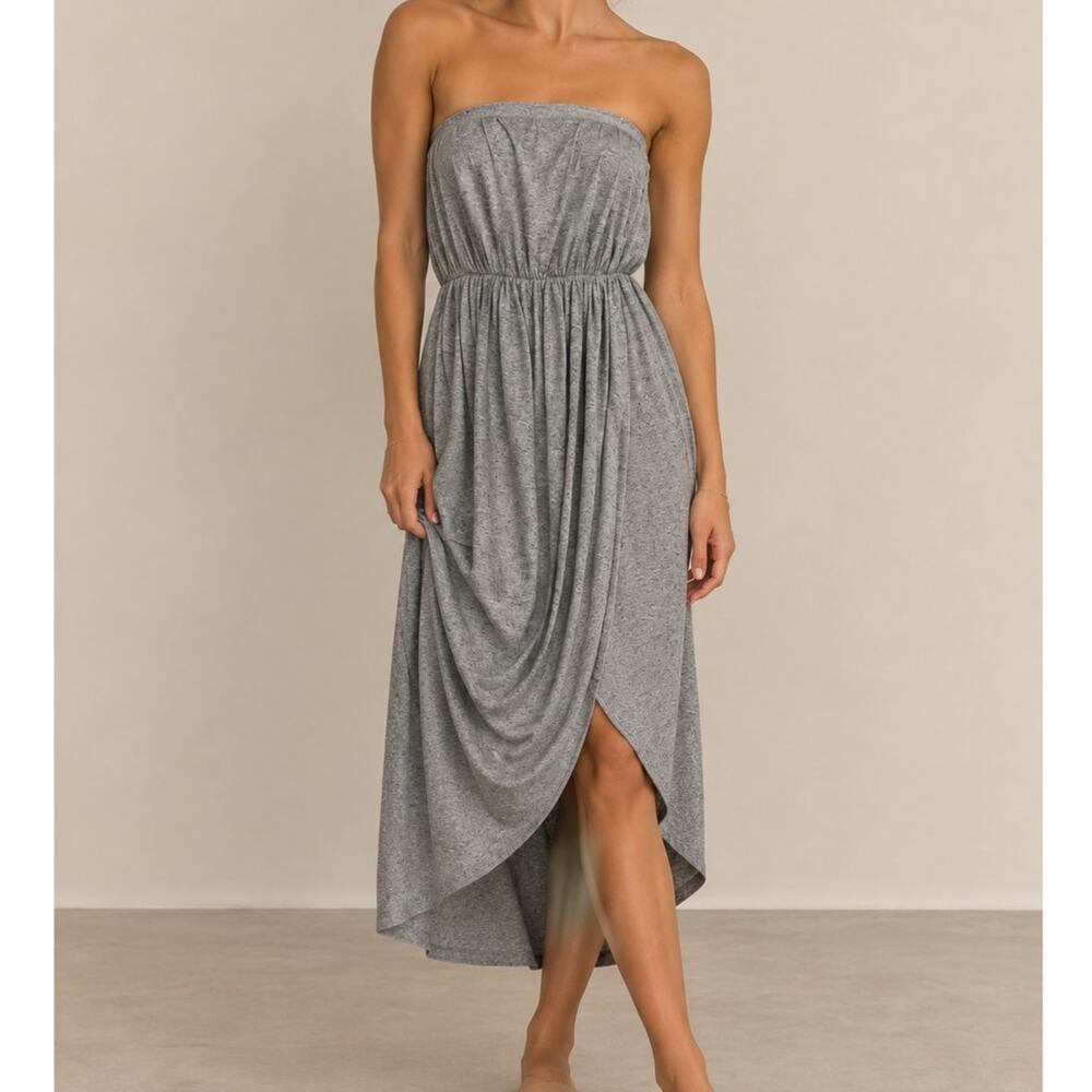 Alice + Olivia Strapless Gray Jersey Midi Dress Drapey Tulip Bubble Hem Small